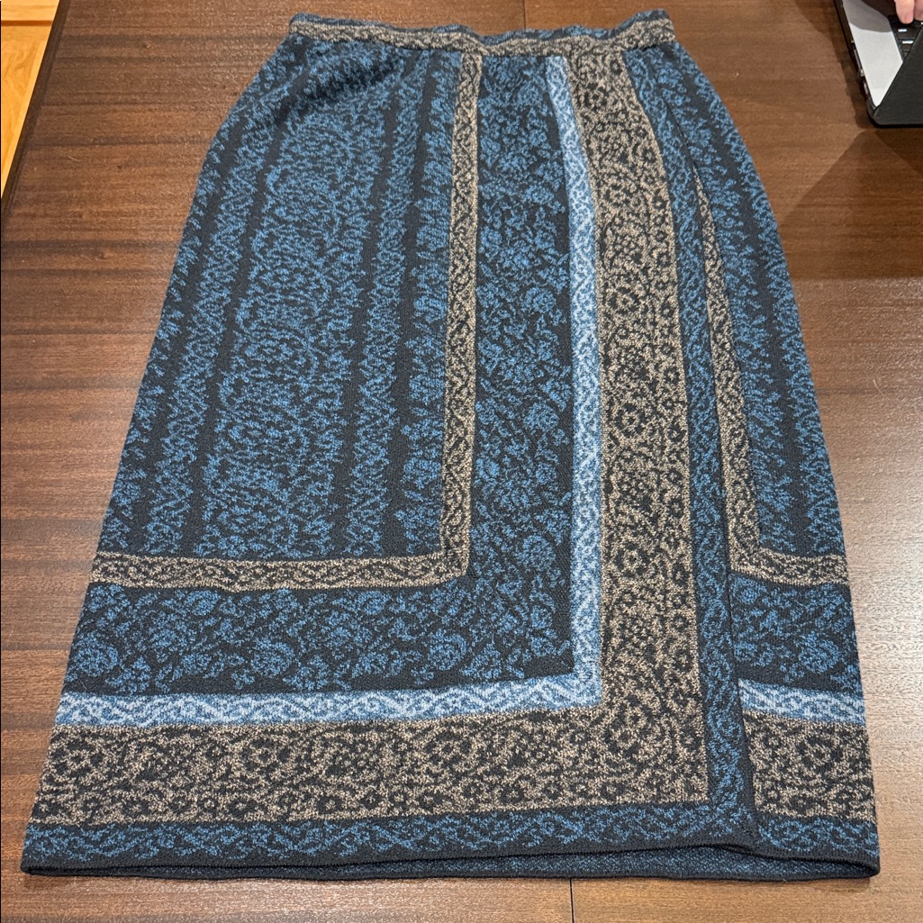 Missoni Blue And Tan Patterned Sweater Knit Faux Wrap Skirt